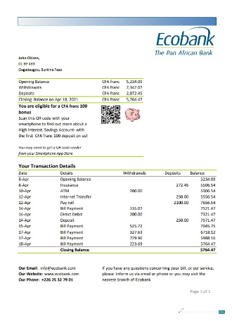 Download Burkina Faso Ecobank bank statement excel Photoshop template